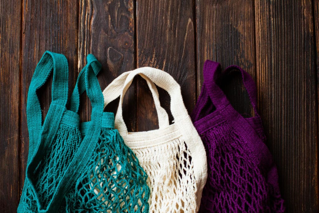 Sacs à provisions en filet et coton, 3 coloris : écru (naturel), violet, bleu-vert